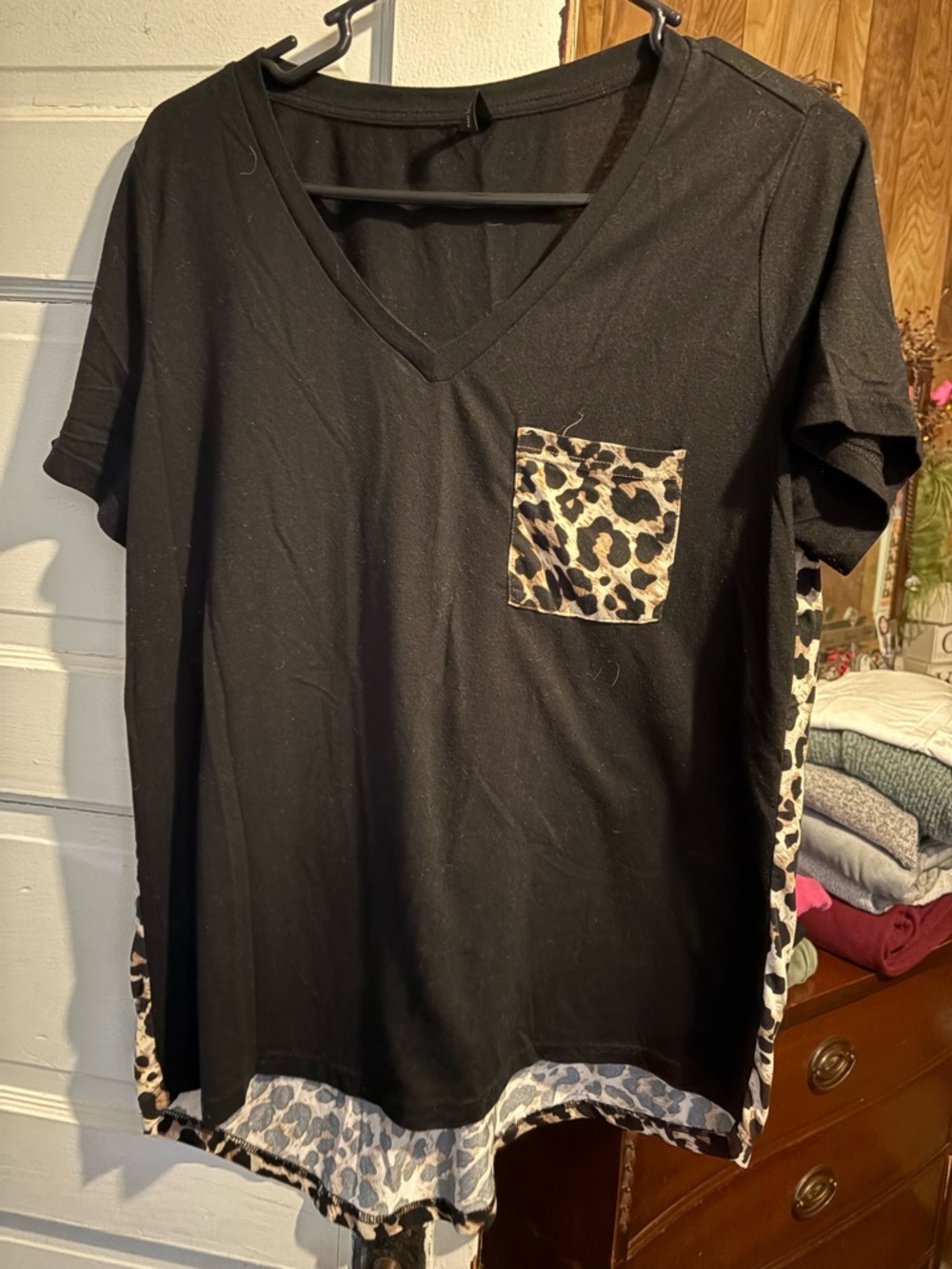Black V-Neck Short Sleeve Top with Leopard Pocket